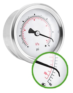A gauge with a bent, broken, or nicked pointer has likely been subjected to a sudden spike in system pressure